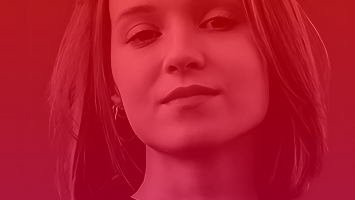 W centralnej części okrągłej grafiki znajduje się zbliżenie twarzy młodej kobiety o krótkich, rozpuszczonych włosach. Jej spojrzenie jest skierowane przed siebie, wyraz twarzy spokojny i pewny siebie. Ma delikatny makijaż, lekko podkreślone oczy i subtelnie błyszczące usta. Kobieta nosi duże, cienkie kolczyki-koła oraz ciemny, gładki top. Całą kompozycję pokrywa ciepły, czerwono-różowy gradient, nadający zdjęciu nowoczesny, spójny wizualnie styl.