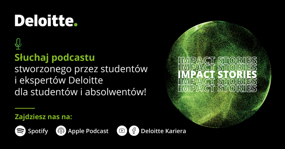 Plansza informująca o szczegółach podcastu Deloitte Impact Stories